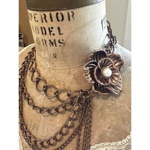 Copper Tone Asymmetric Flower and Chain Necklace